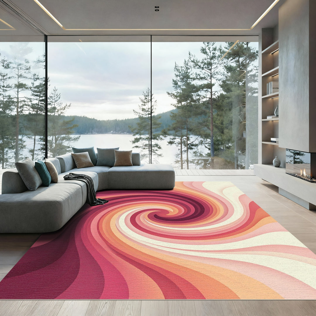 Crimson Peach Swirl Abstract Rug