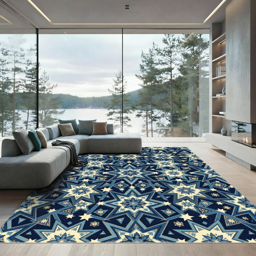 Deep Blue Starburst Floral Geometric Rug