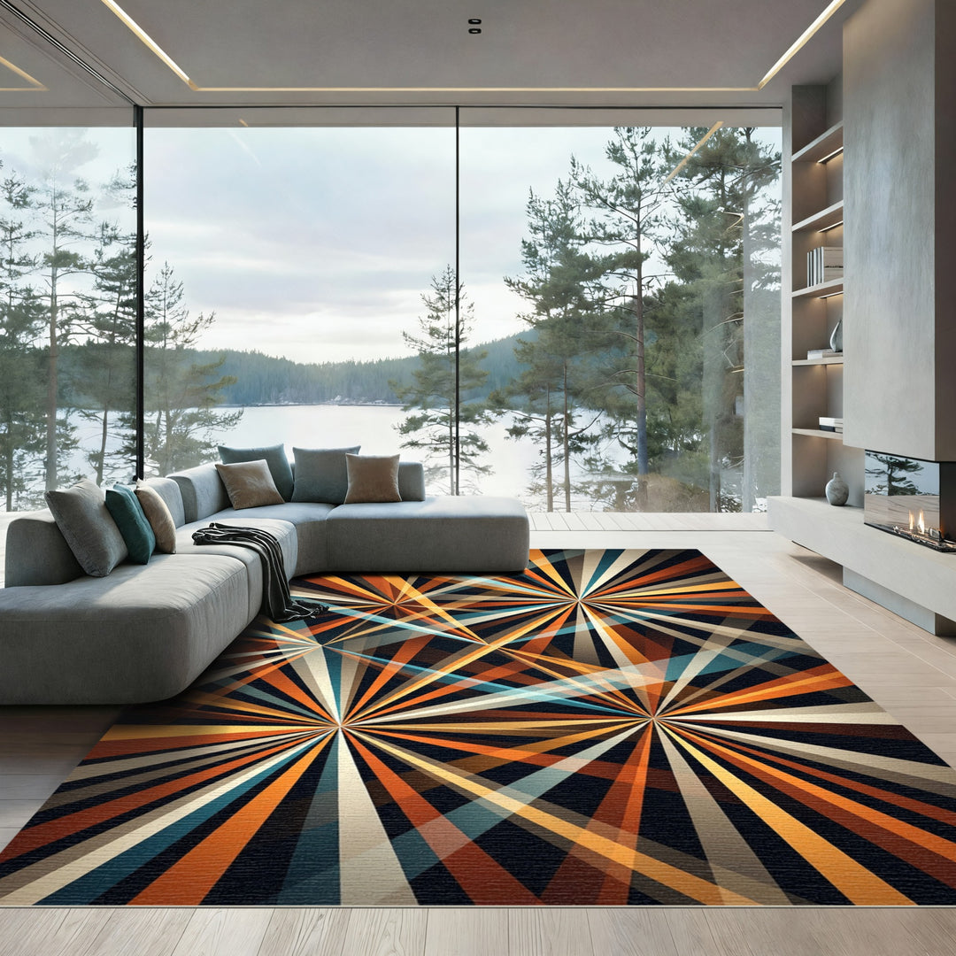 Radiant Orange Teal Burst Rays Rug