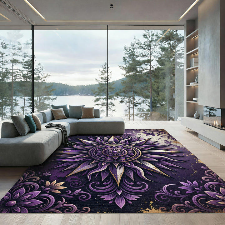 Ornate Purple Sunburst Mandala Rug