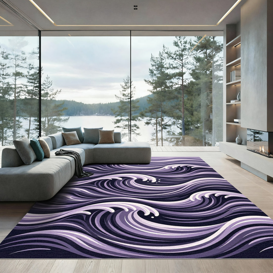 Abstract Purple and White Wave Rug