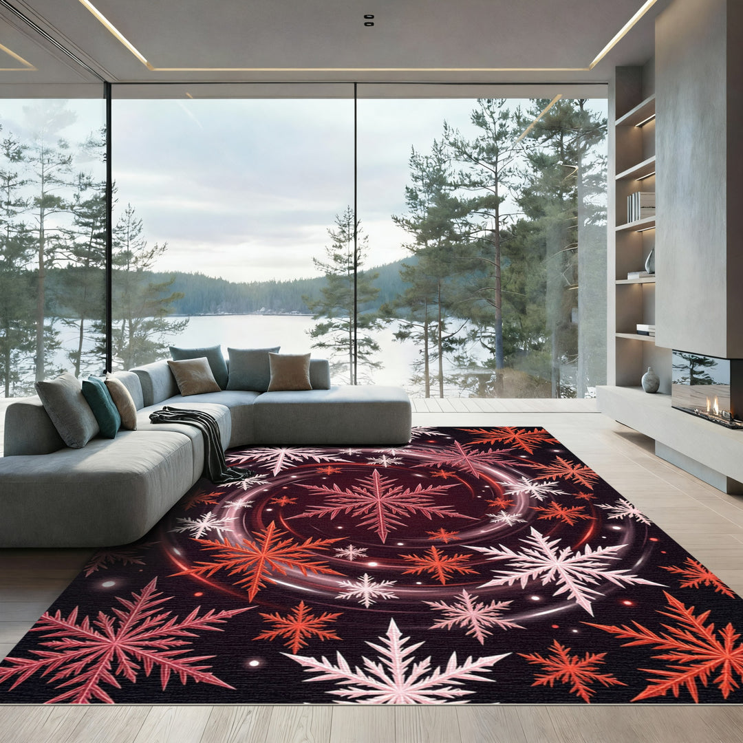 Crimson White Snowflake Swirl Abstraction Rug