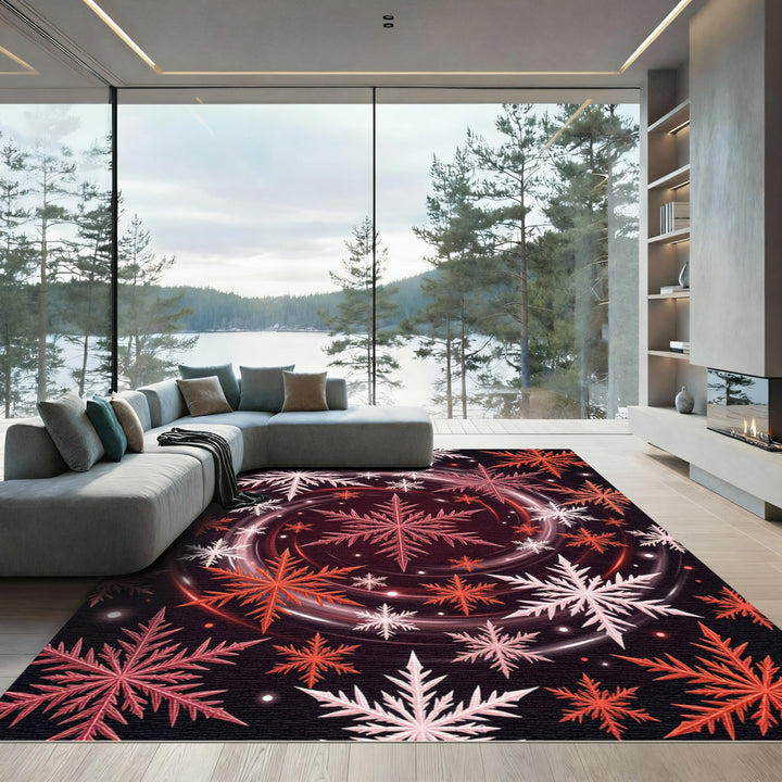 Crimson White Snowflake Swirl Abstraction Rug