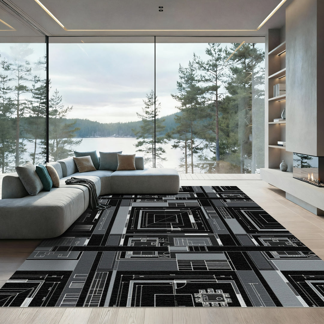 Architectural Blueprint Black Geometric Rug