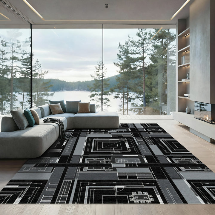 Architectural Blueprint Black Geometric Rug