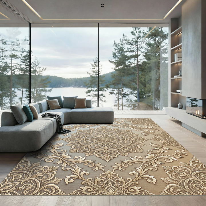 Ornate Gold Damask Scroll Rug