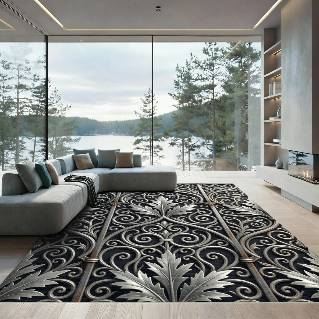 Ornate Silver Leaf Scrollwork Rug