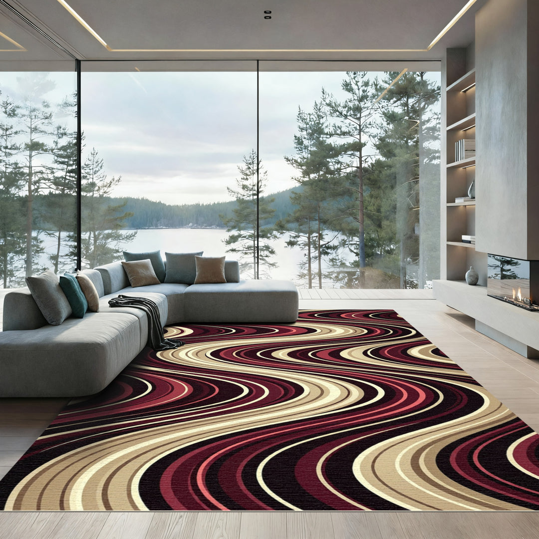 Retro Burgundy Cream Wave Swirl Rug