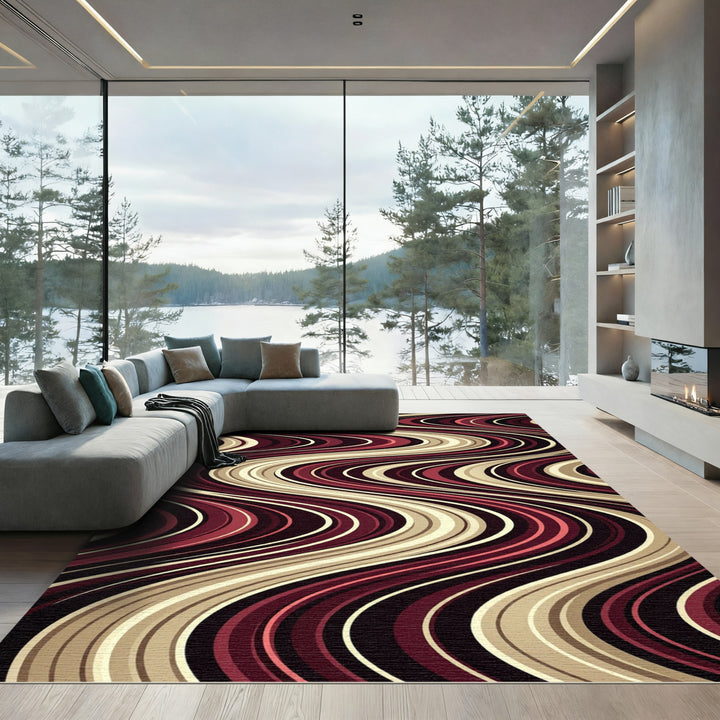 Retro Burgundy Cream Wave Swirl Rug