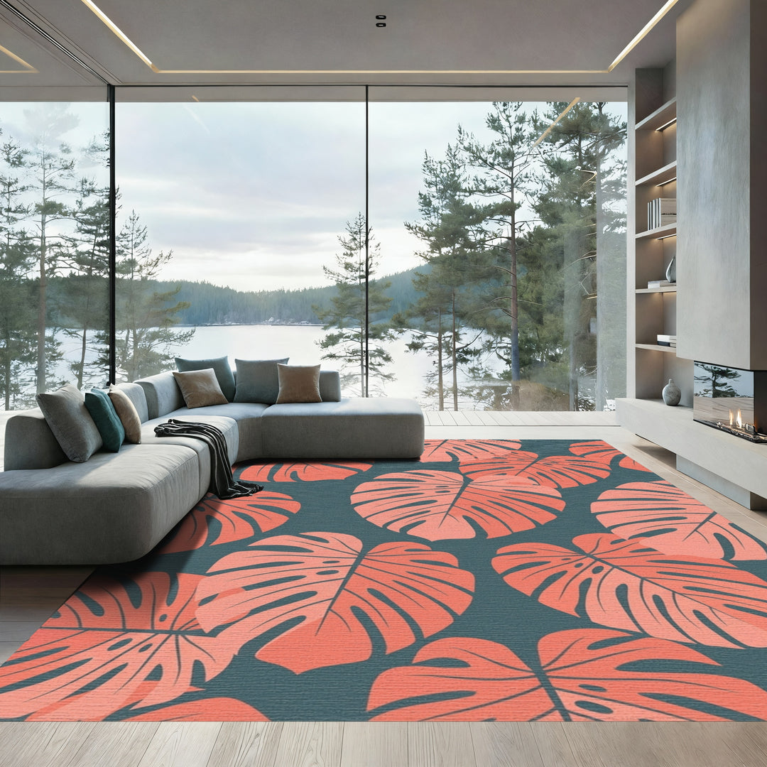 Coral Monstera Leaf Botanical Rug