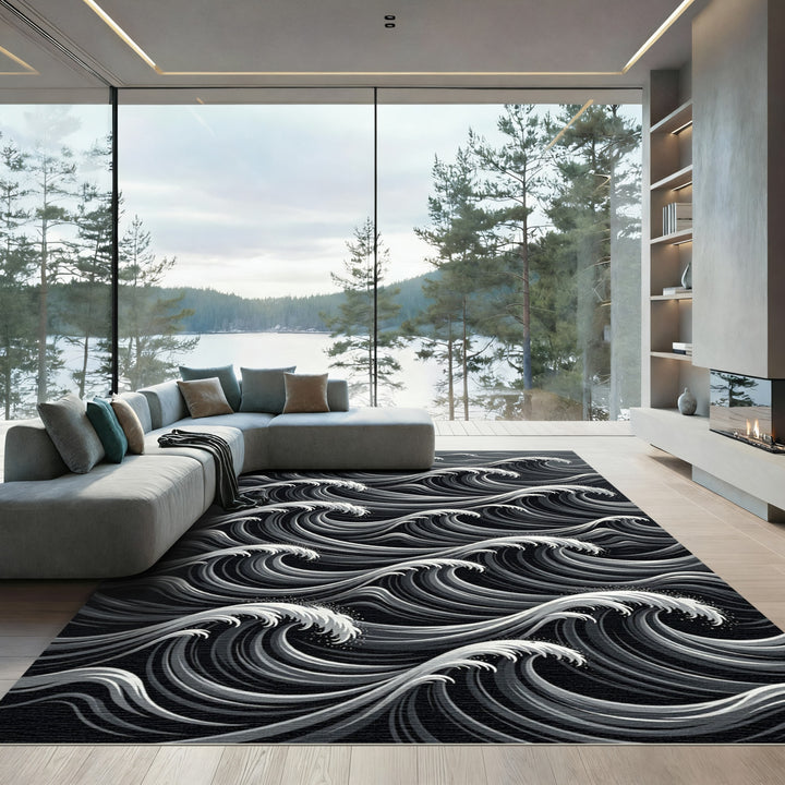 Deep Ocean White Cresting Waves Rug