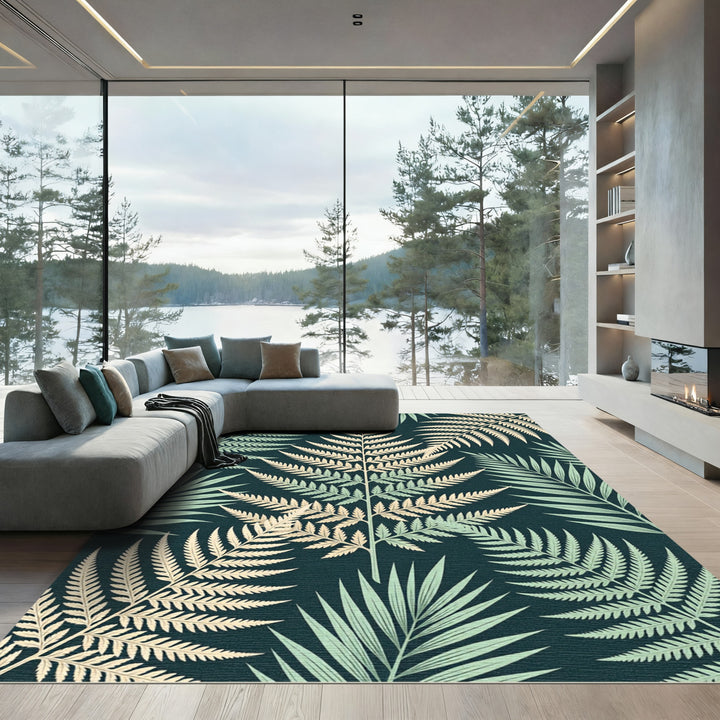 Pale Fern Foliage On Deep Teal Rug