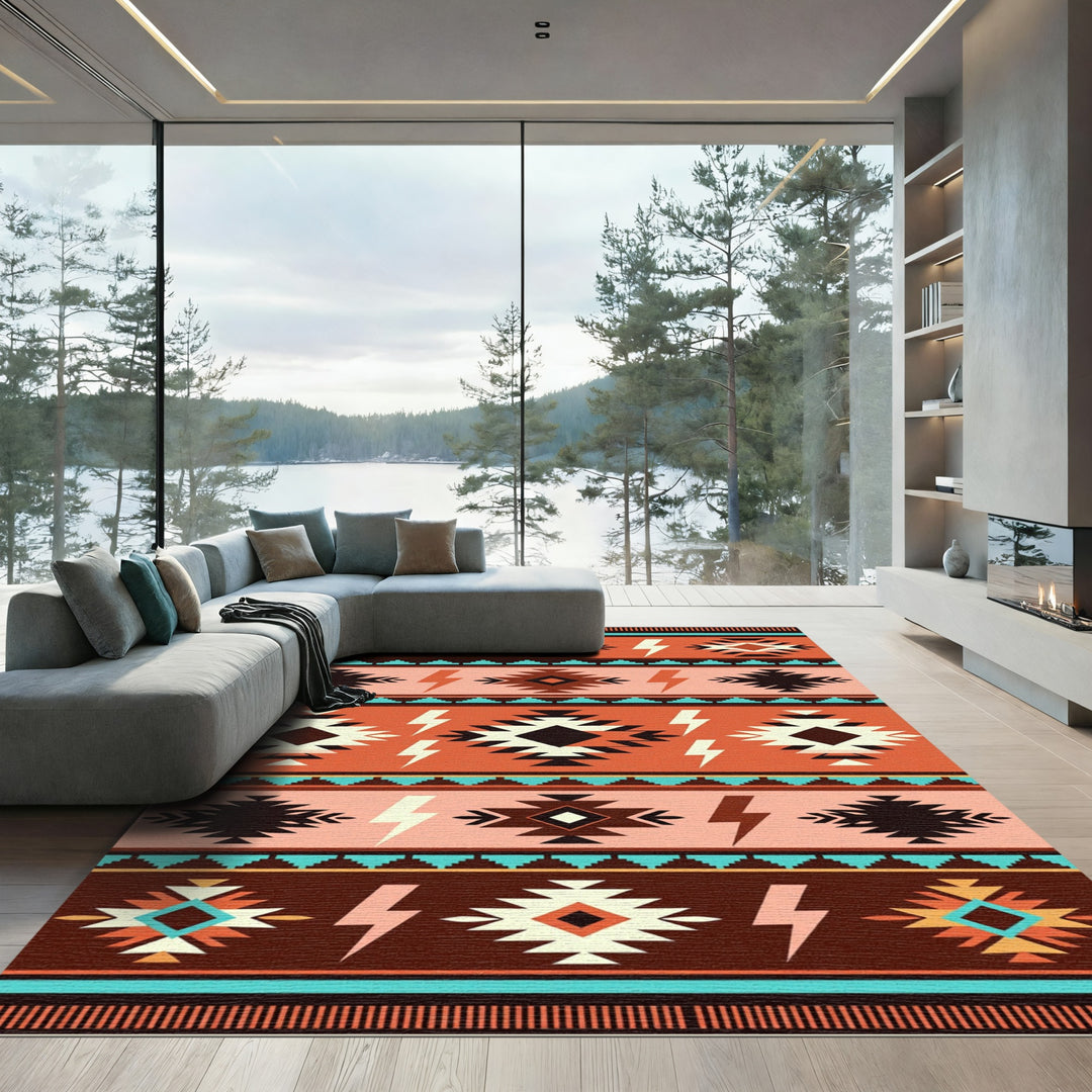 Retro Orange Aztec Lightning Bolt Rug