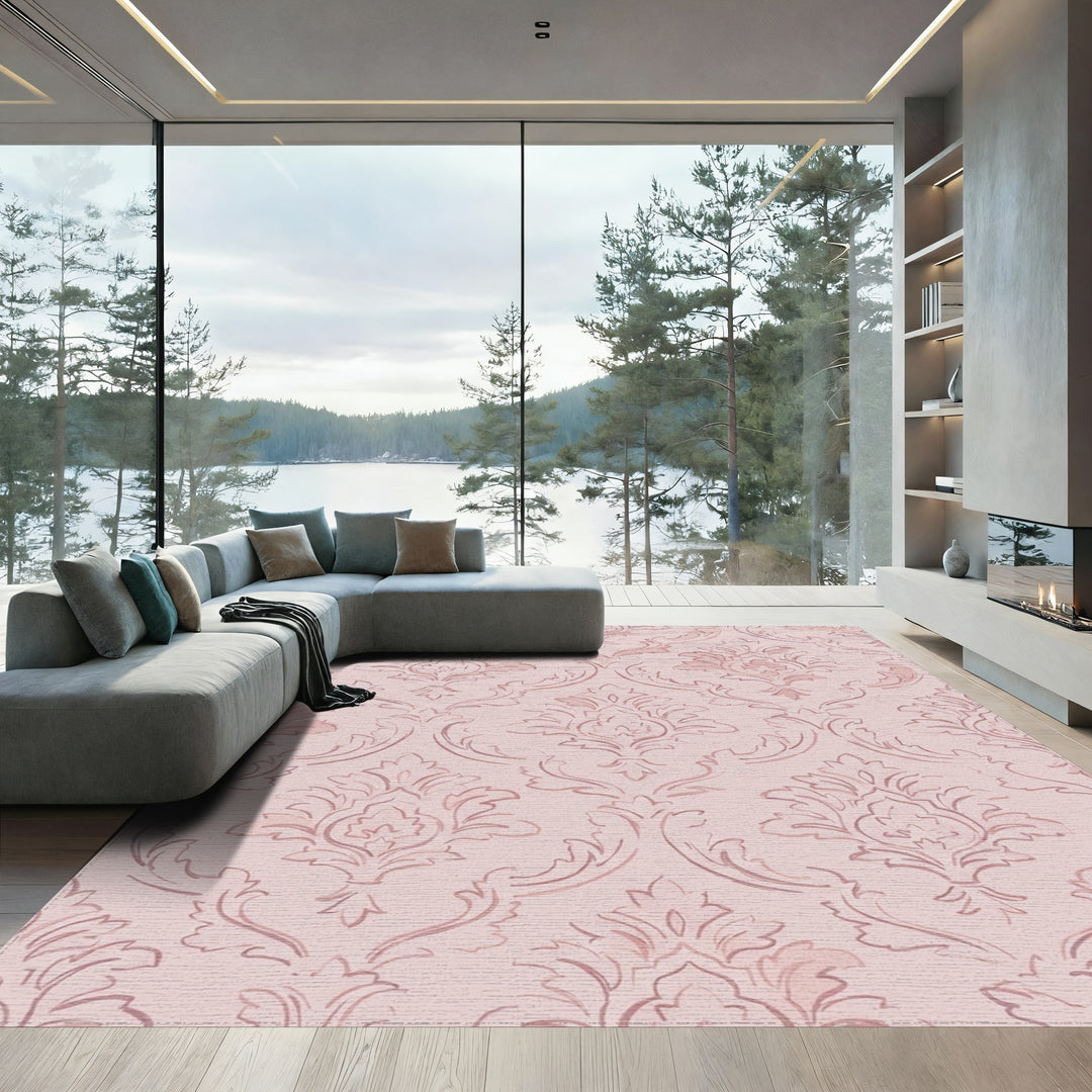 Dainty Pink Damask Scrollwork Rug