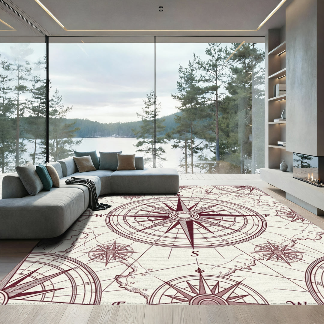 Vintage Maroon Compass Rose Map Rug