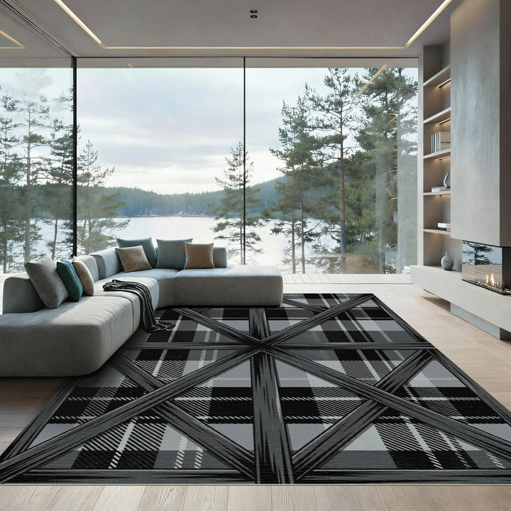 Dark Gray Plaid Geometric Window Rug