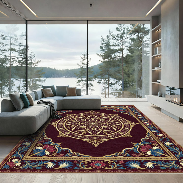 Crimson Gold Floral Mandala Rug