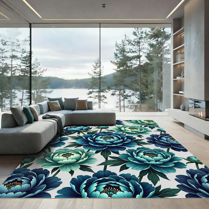 Teal Peony Blossom Floral Rug