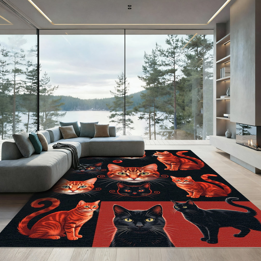Vibrant Black Orange Feline Collage Rug
