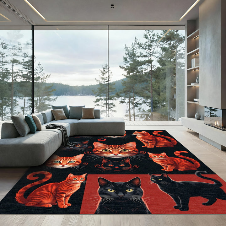 Vibrant Black Orange Feline Collage Rug