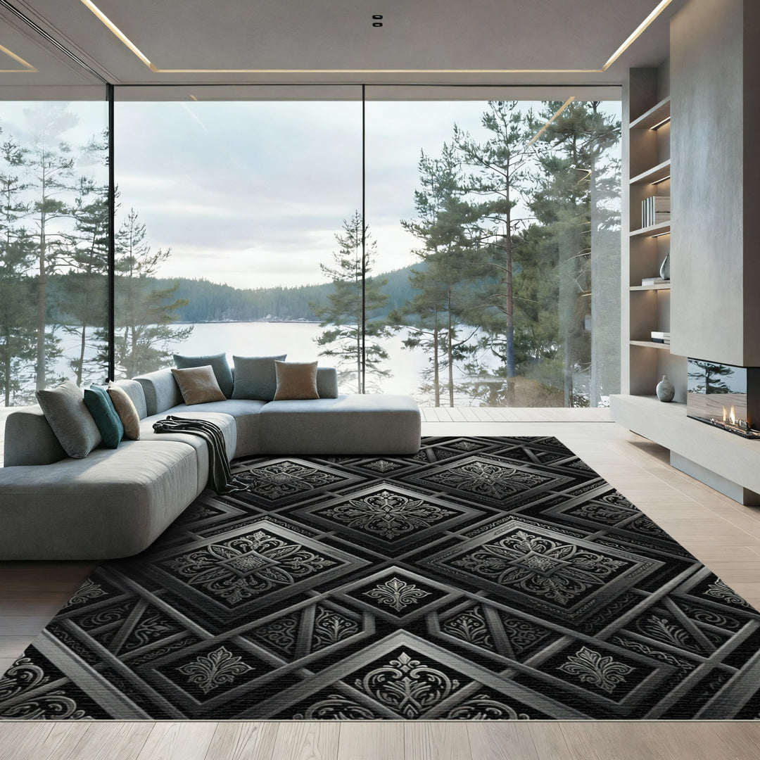 Ornate Silver Embossed Geometric Rug