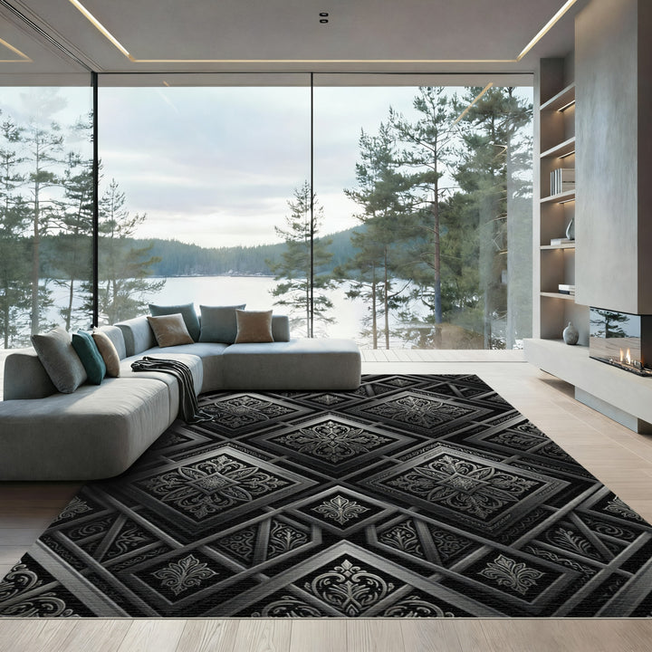 Ornate Silver Embossed Geometric Rug