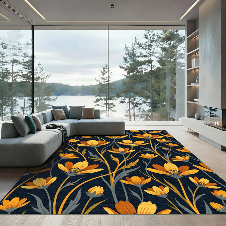 Golden Floral Dark Background Rug