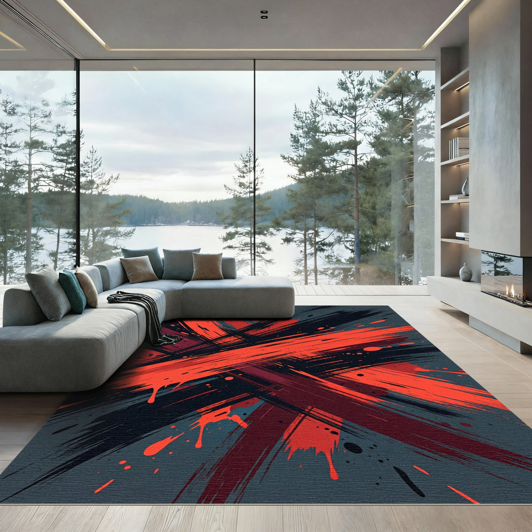 Crimson Scarlet Brush Stroke Explosion Rug