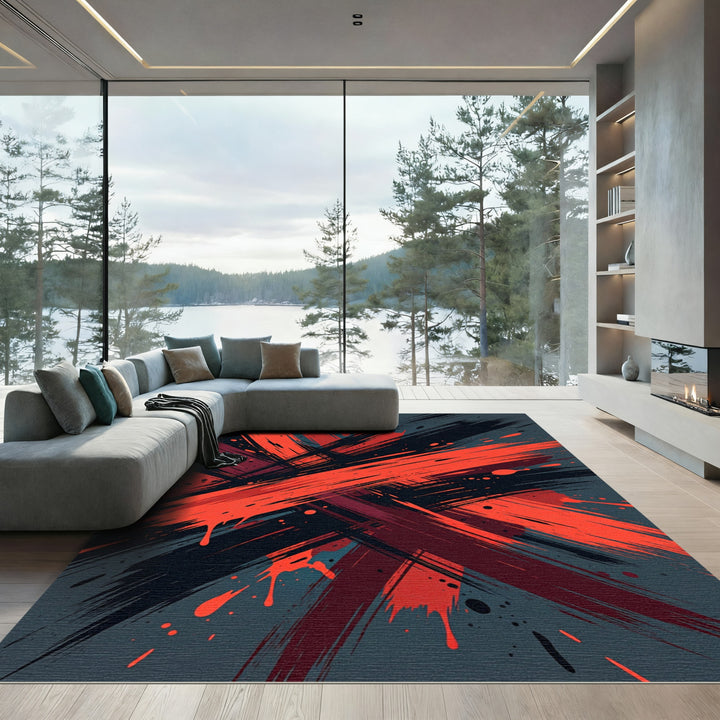 Crimson Scarlet Brush Stroke Explosion Rug