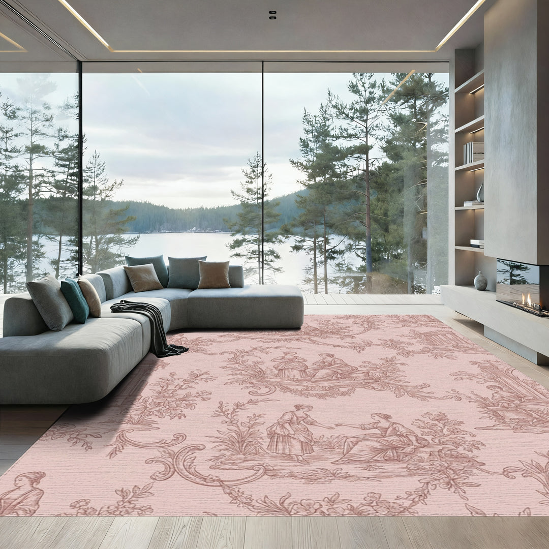 Rose Pink Toile Garden Scene Rug