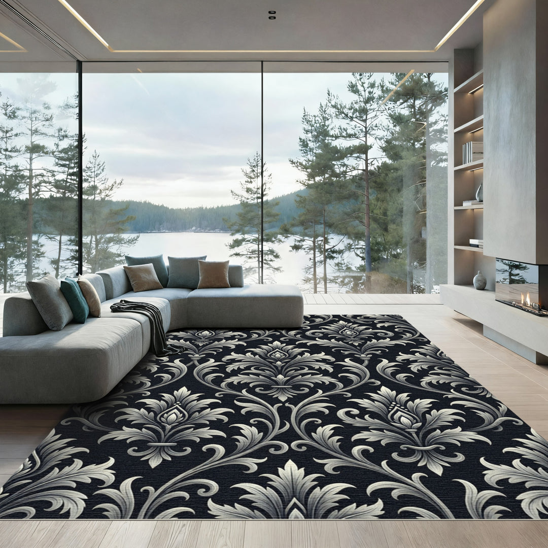 Elegant Ivory Damask Scrollwork Rug