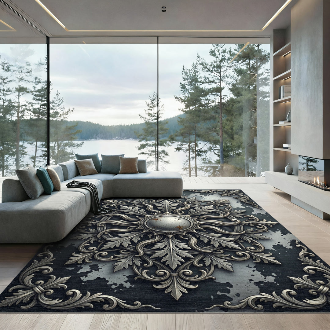 Ornate Silver Sunburst Foliage Rug