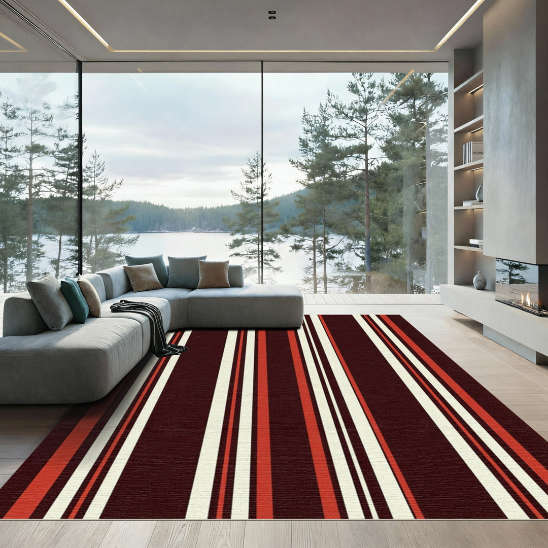 Dark Red Cream Orange Stripe Rug