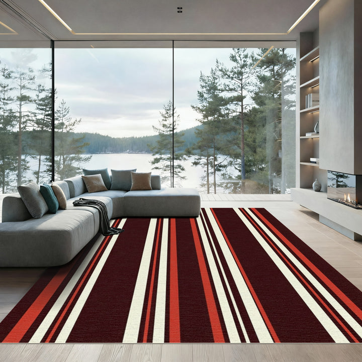 Dark Red Cream Orange Stripe Rug