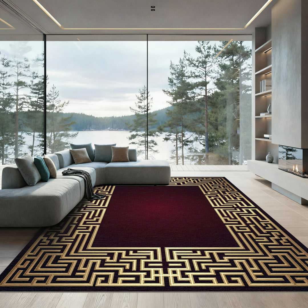 Gold Maze Border Deep Red Rug