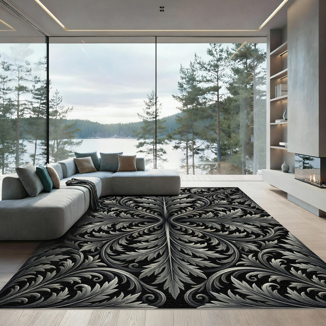 Ornate Black Silver Acanthus Leaf Rug