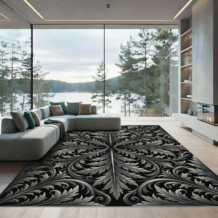 Ornate Black Silver Acanthus Leaf Rug