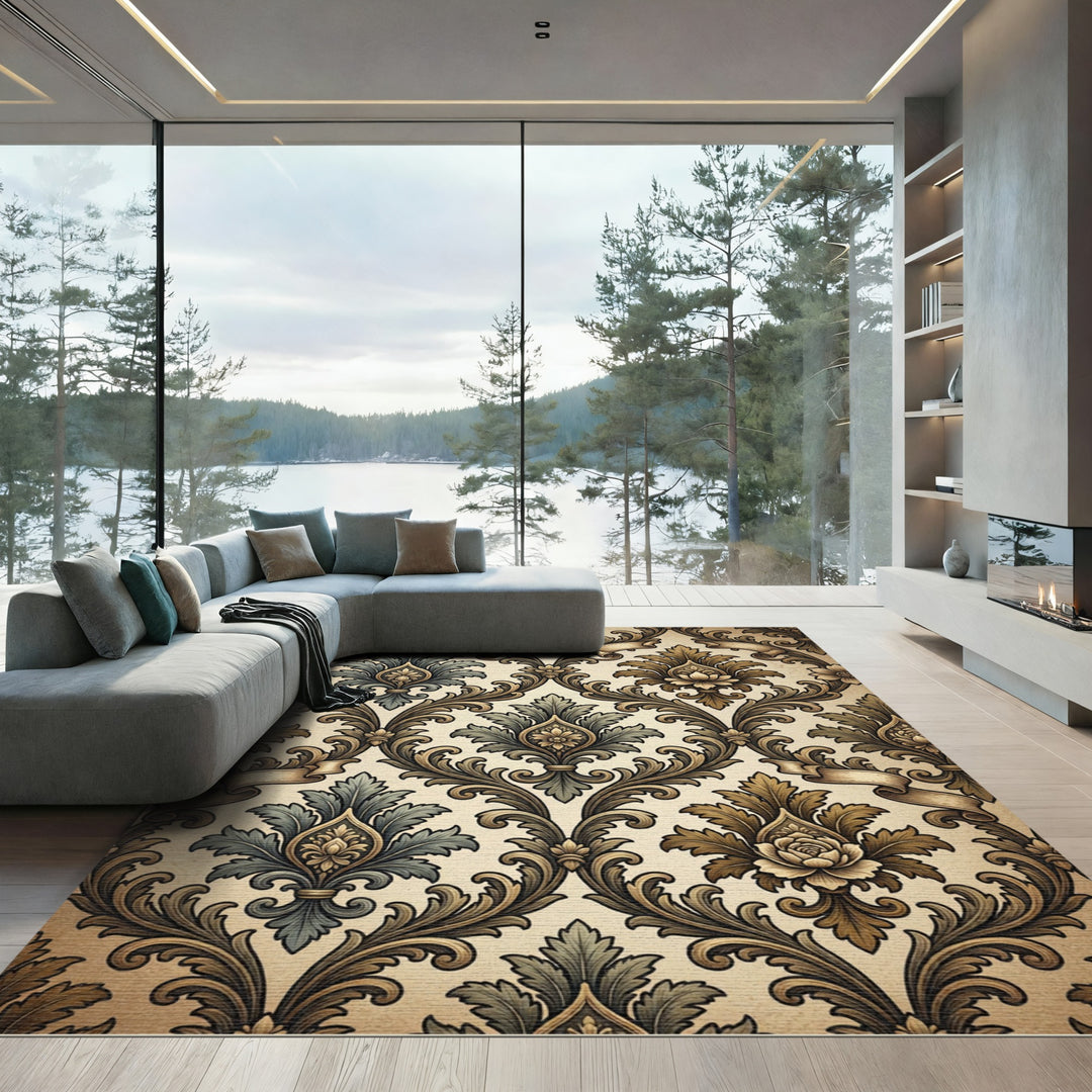 Elegant Gold and Teal Damask Scroll Rug