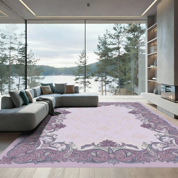 Ornate Lavender Floral Scrollwork Rug