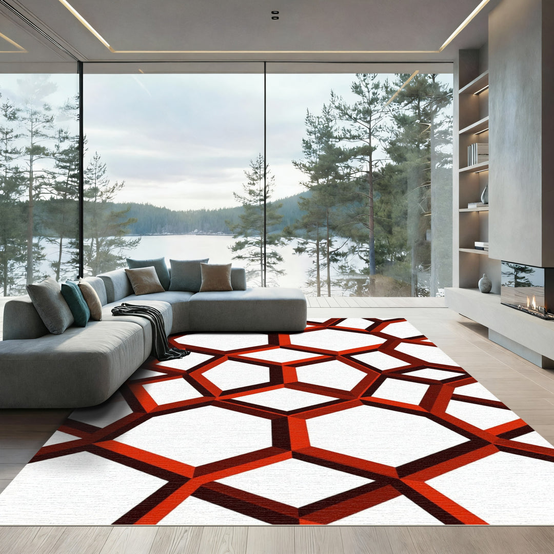 Crimson Geodesic Grid Tessellation Rug