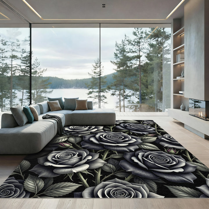 Dark Gray Realistic Rose Garden Rug