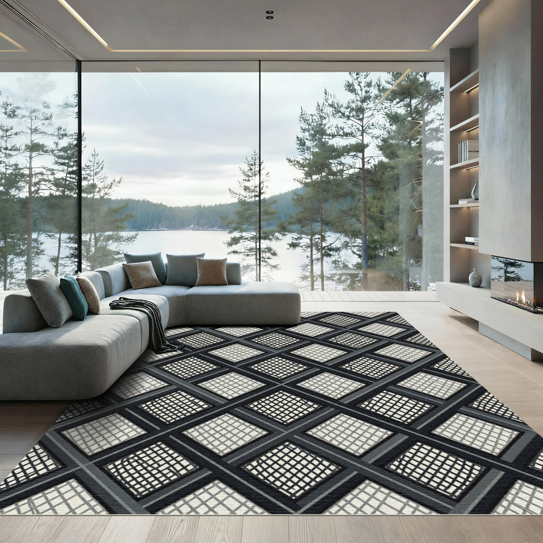 Dark Charcoal Gray Intersecting Diamond Rug