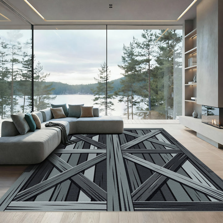 Dark Gray Rustic X-Frame Wood Rug