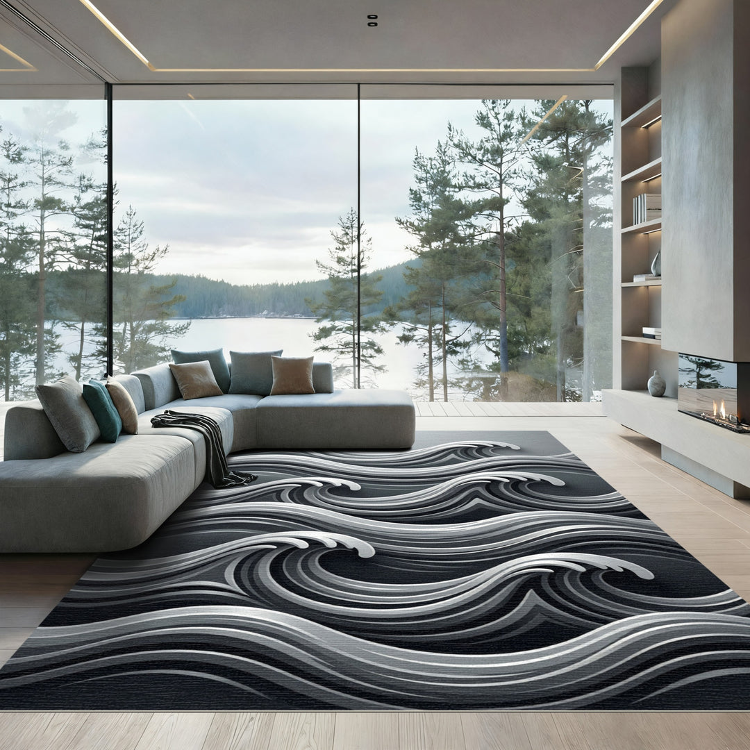 Abstract Monochrome Swirl Wave Rug