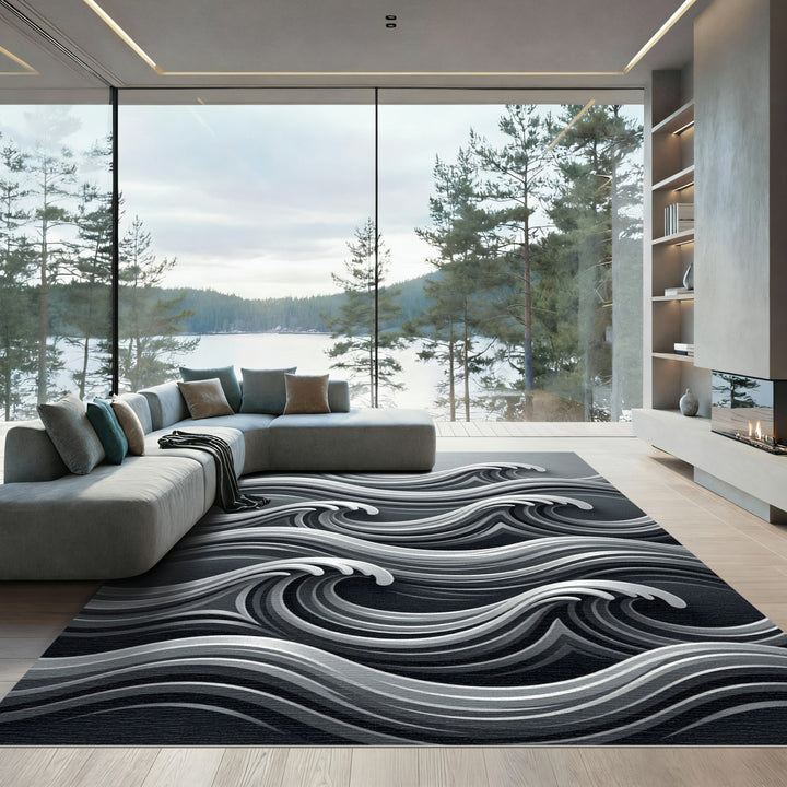 Abstract Monochrome Swirl Wave Rug
