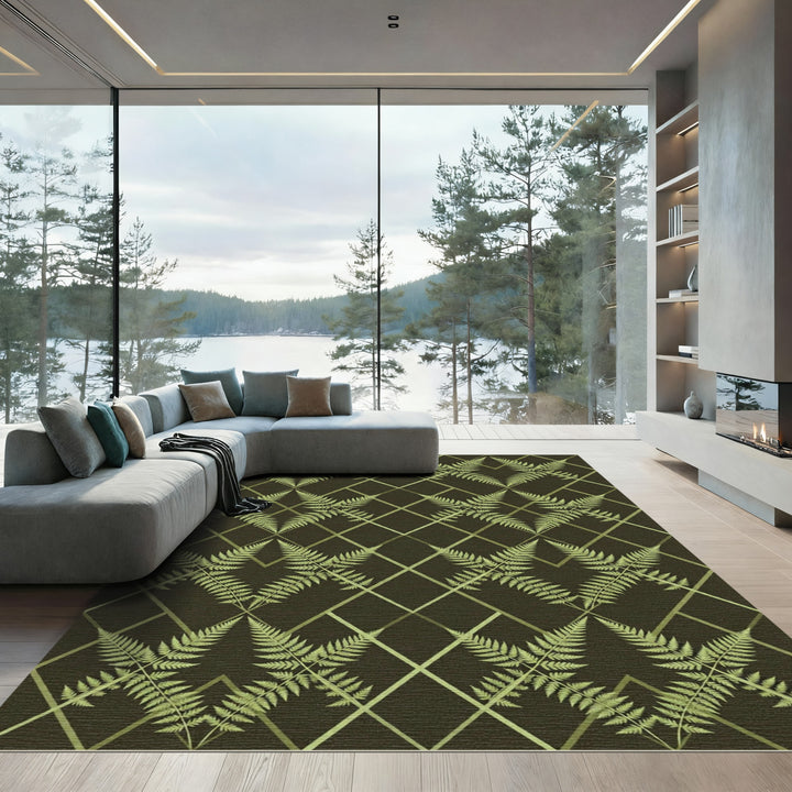 Fern Lattice Dark Green Botanical Rug