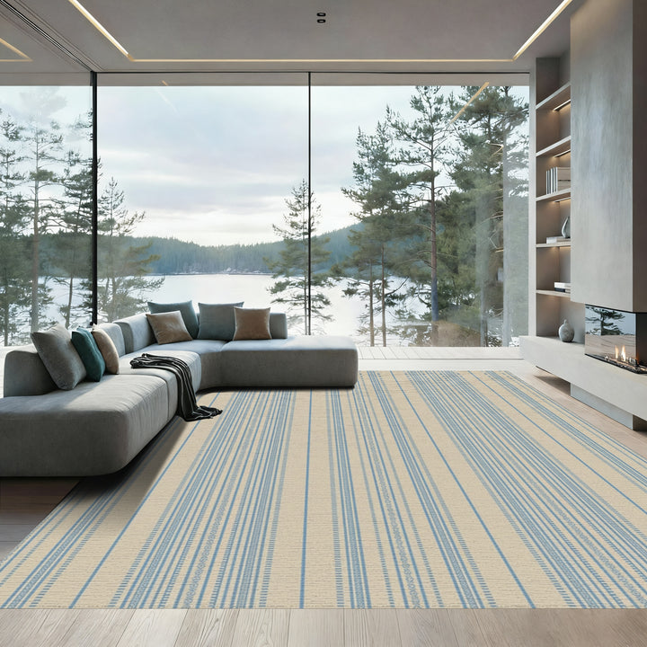 Earthy Blue Vertical Stripe Yarn Dye Rug
