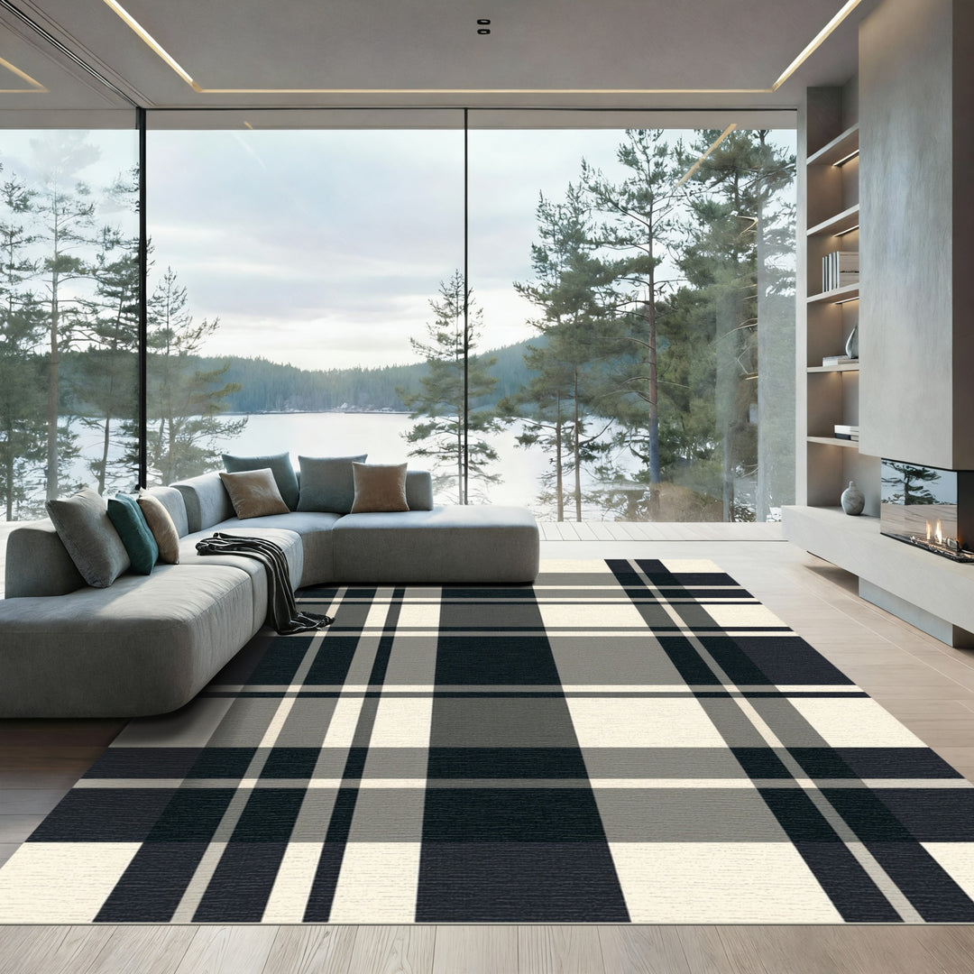 Classic Black Gray Tartan Plaid Rug