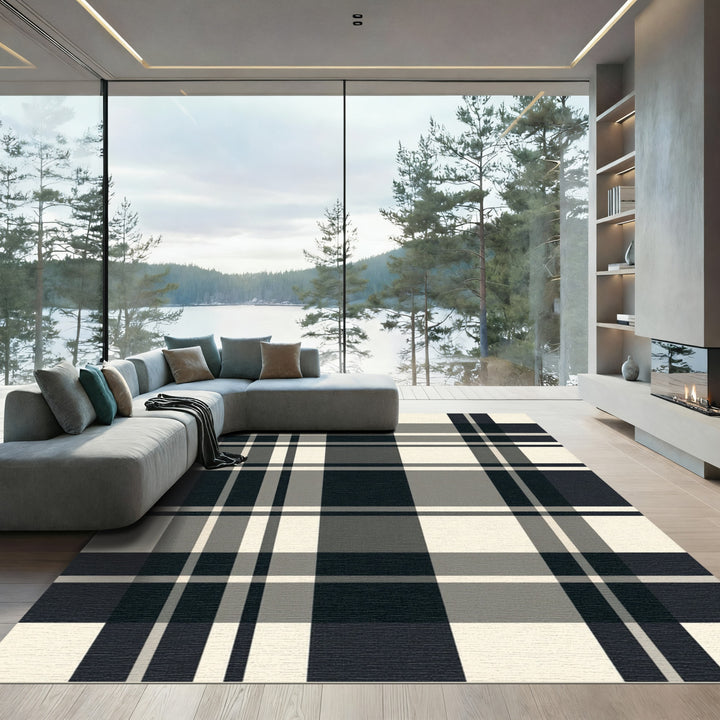 Classic Black Gray Tartan Plaid Rug
