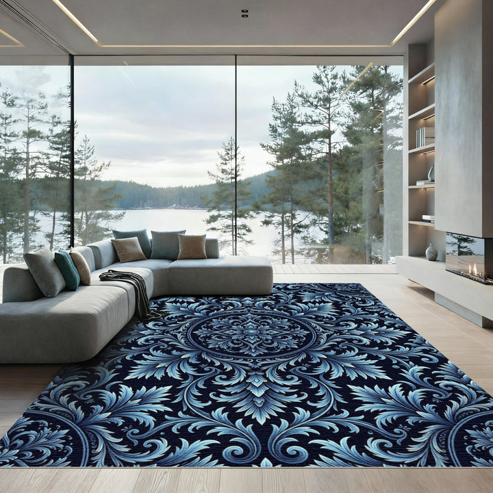 Blue Acanthus Swirl Medallion Rug
